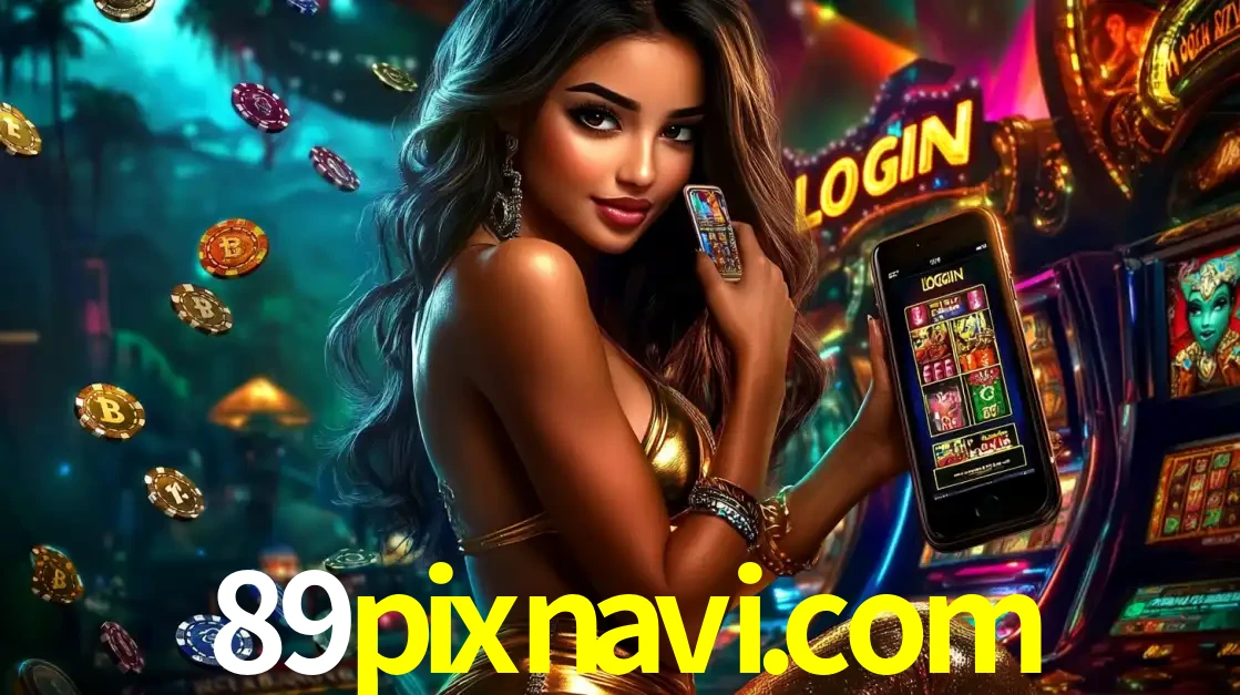 Mulher em um cenário de cassino temático de aventura, mostrando o app de caça-níqueis da 89pixnavi.com no celular. Fichas de apostas flutuam ao redor.