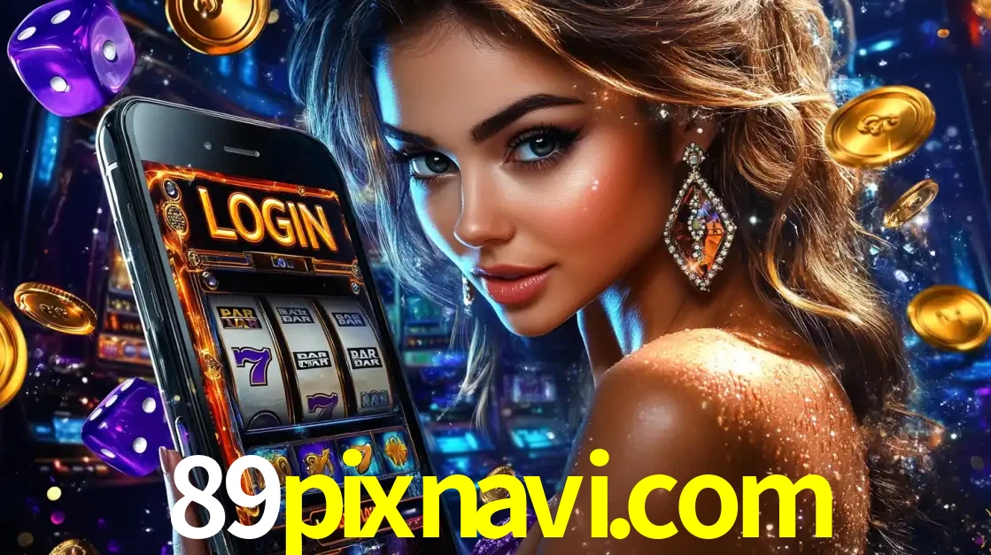Mulher glamorosa segurando um smartphone com a tela de login para os jogos de caça-níqueis do cassino online 89pixnavi.com, com moedas de ouro e dados ao redor.