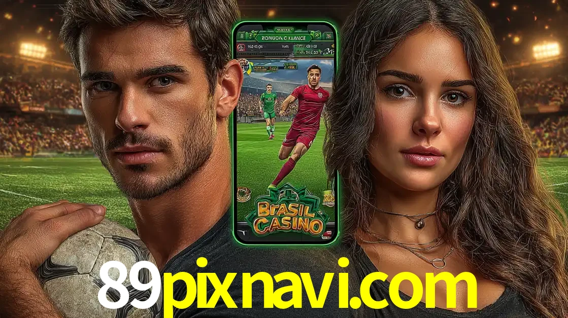 Homem segurando uma bola de futebol e uma mulher ao lado de um smartphone exibindo o jogo de apostas esportivas da 89pixnavi.com. Faça seu palpite no cassino online.